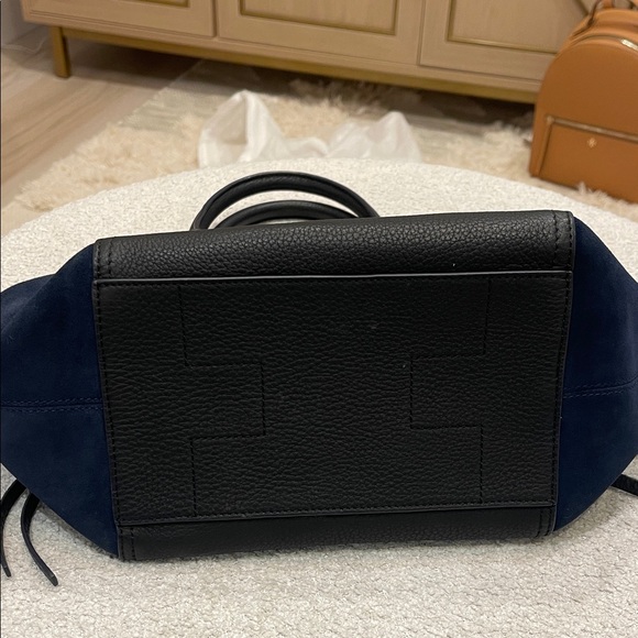 Tory Burch Black Leather & Blue Suede Half Moon Satchel - Picture 2 of 8
